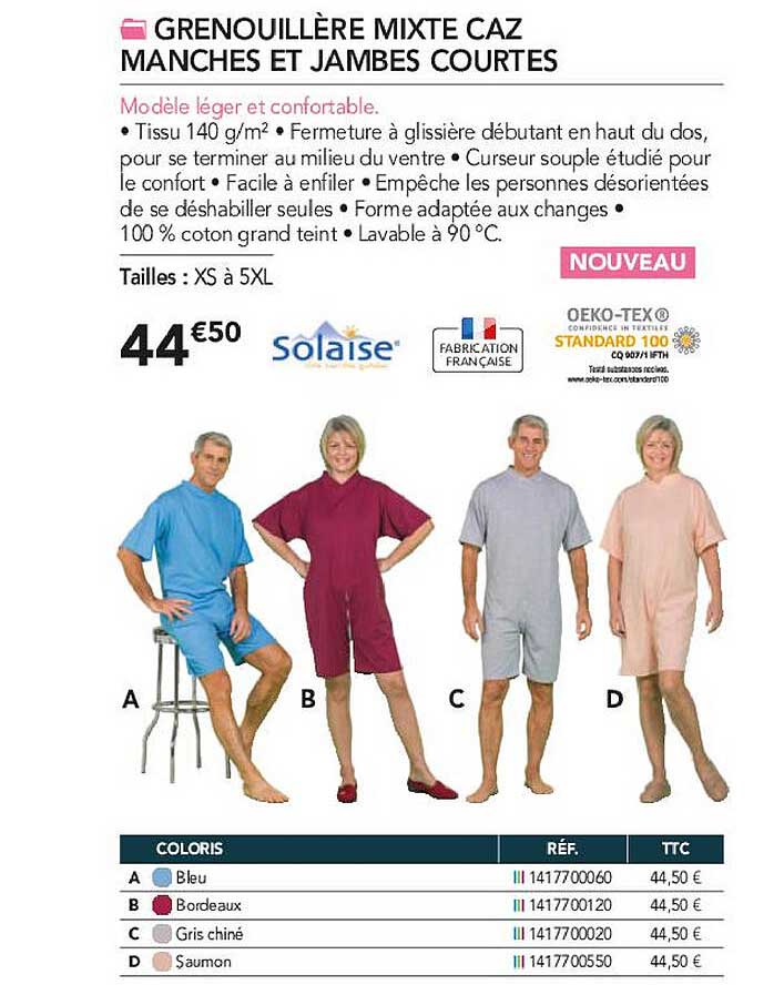 grenouillère mixte caz manches et jambes courtes solaise