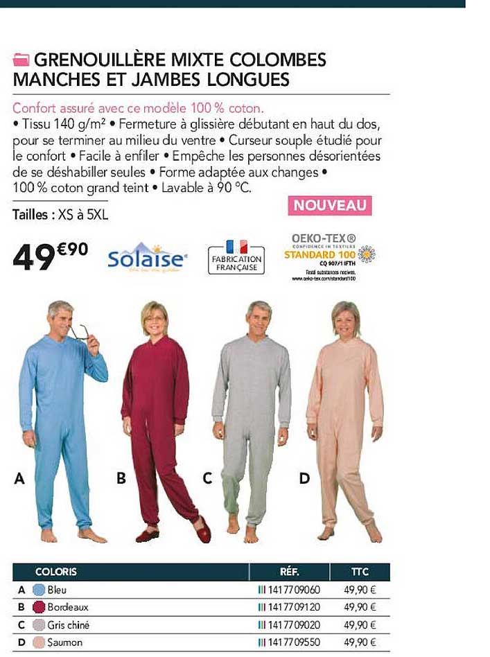 grenouillère mixte colombes manches et jambes longues solaise