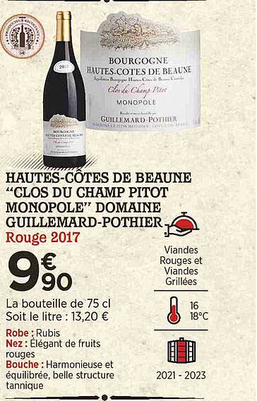hautes-côtes de beaune "clos du champ pitot monopole" domaine guillemard-pothier rouge 2017