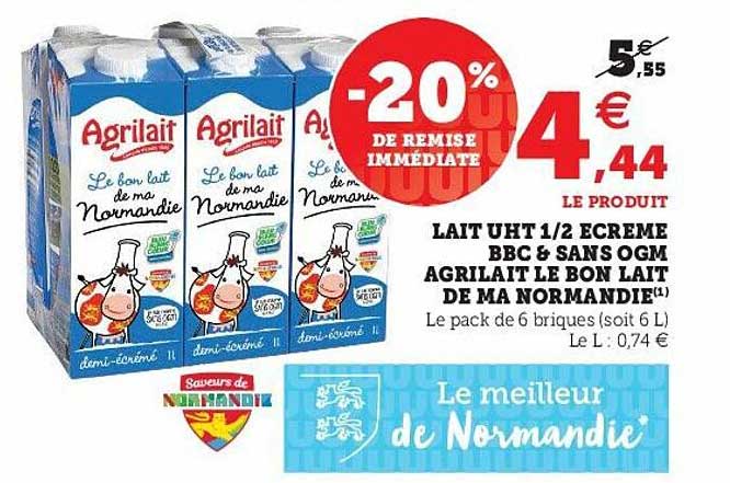 lait uht 1-2 écrémé bbc & sans ogm agrilait le bon lait de ma normandie