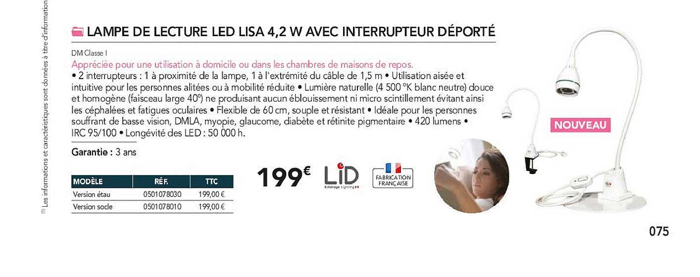 lampe de lecteur led lisa 4,2 w avec interrupteur déporté