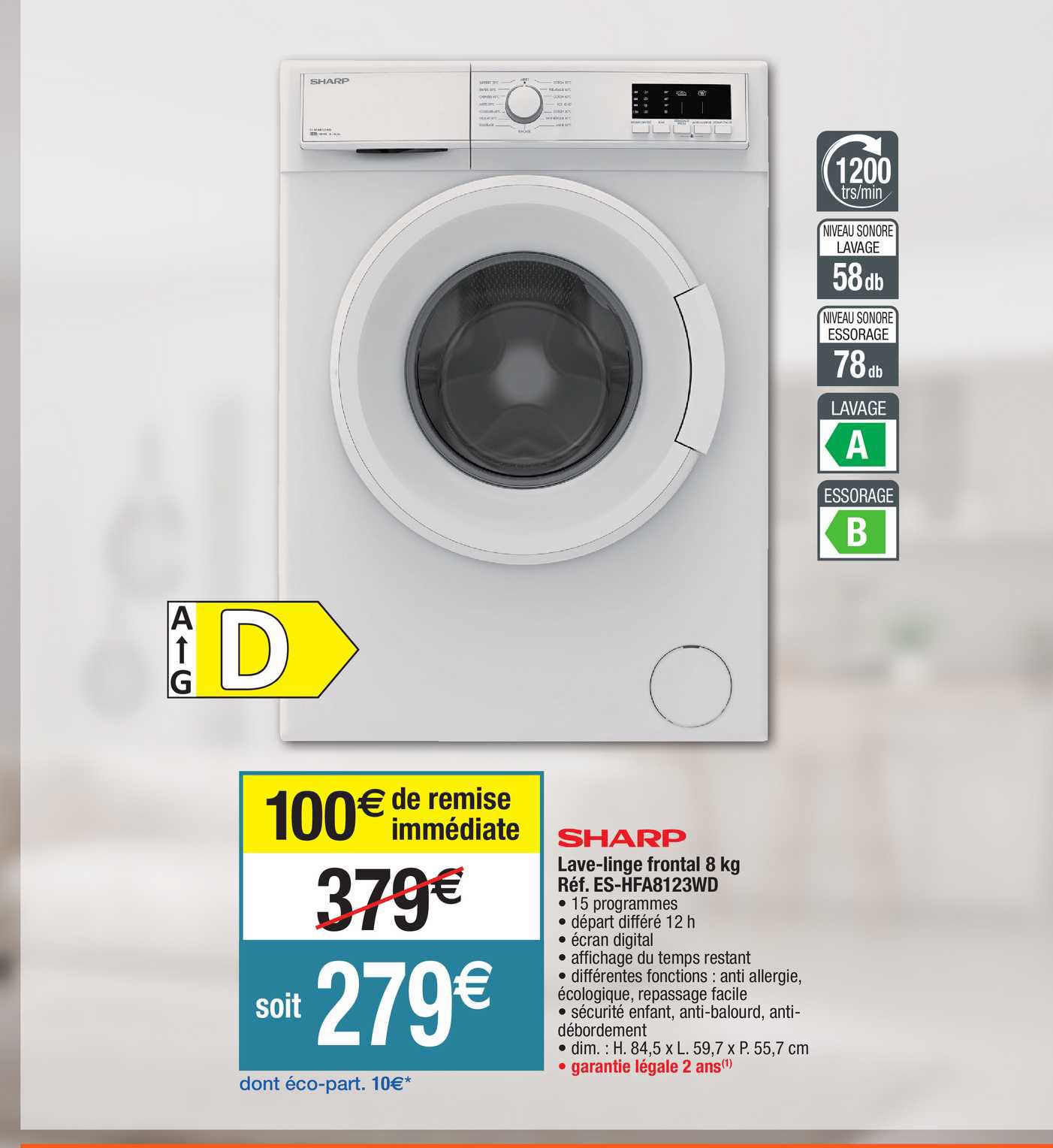 lave-linge frontal 8 kg réf. es-hfa8123wd sharp