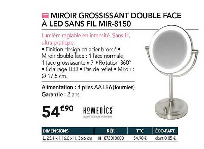 miroir grossissant double face à led sans fil mir-8150 homedics