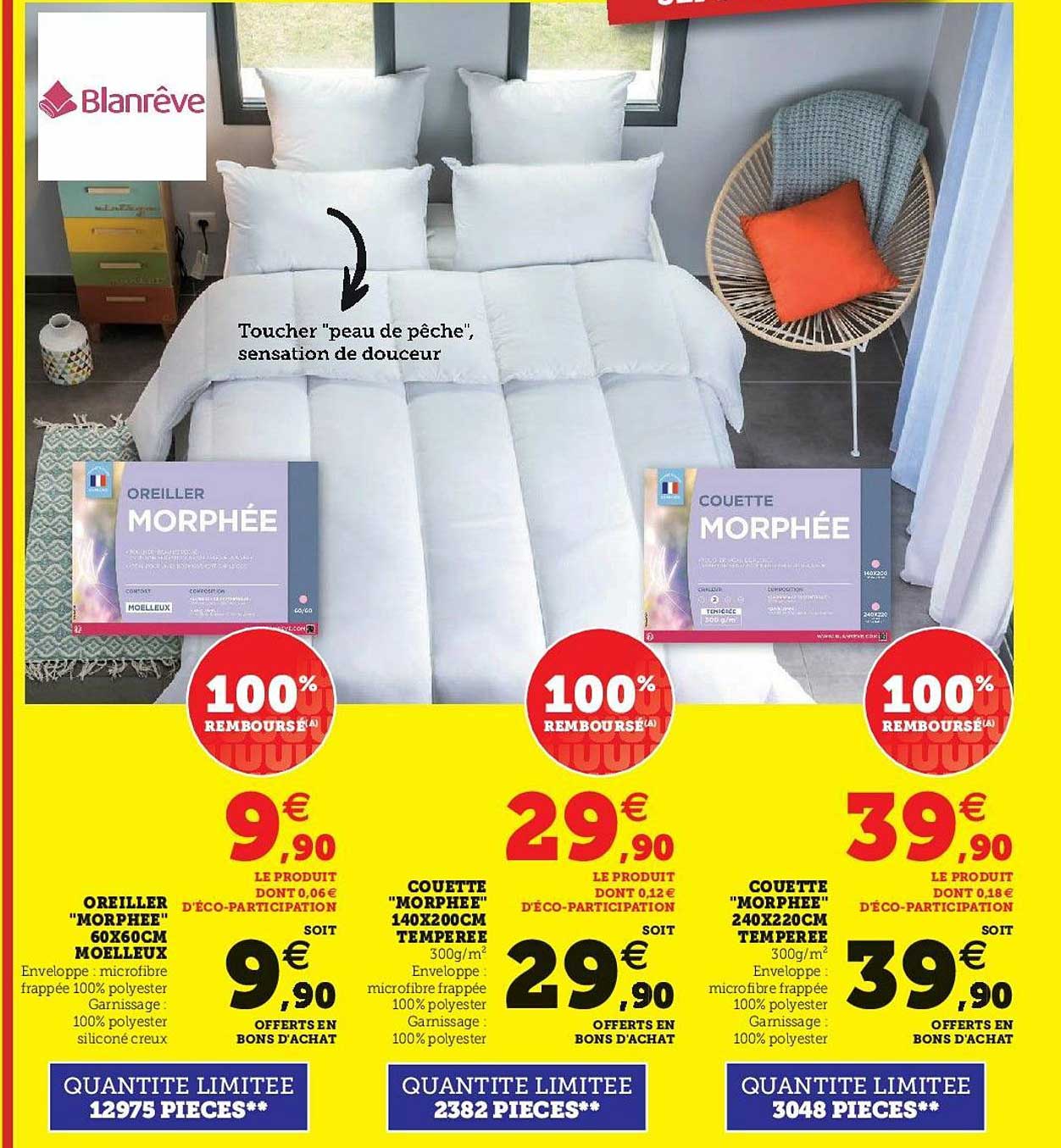 Oreiller "morphée" 60 X 60 Cm Moelleux, Couette "morphée" 140 X 200 Cm Tempérée, Couette "morphée" 240 X 220 Cm Tempérée