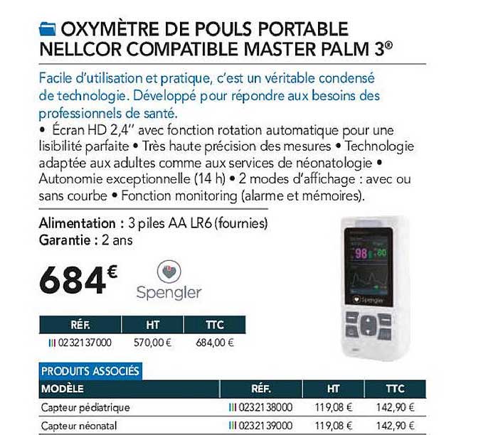 oxymètre de pouls portable nellcor compatible master palm 3 spengler