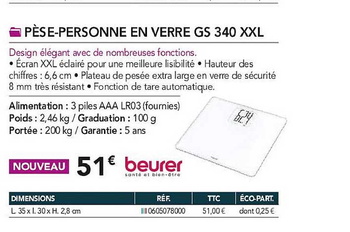 pèse-personne en verre gs 340 xxl beurer