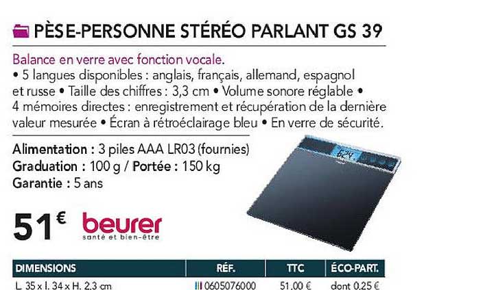pèse-personne stéréo parlant gs 39 beurer