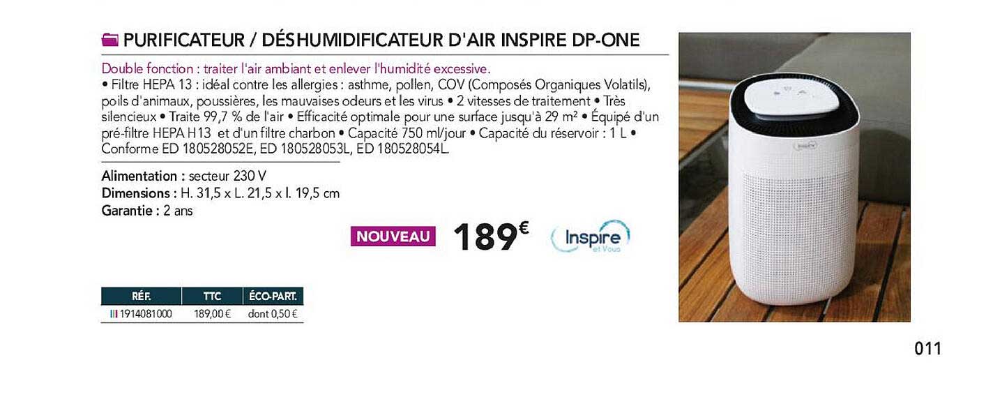 purificateur - déshumidificateur d'air inspire dp-one