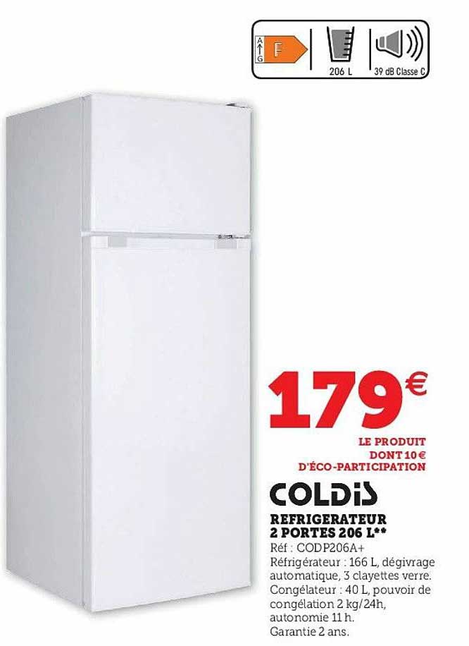 réfrigérateur 2 portes 206 l coldis