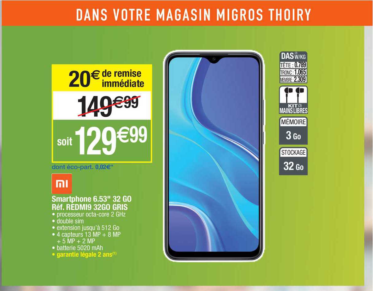 smartphone 6.53" 32 go réf. redmi9 32go gris xiaomi