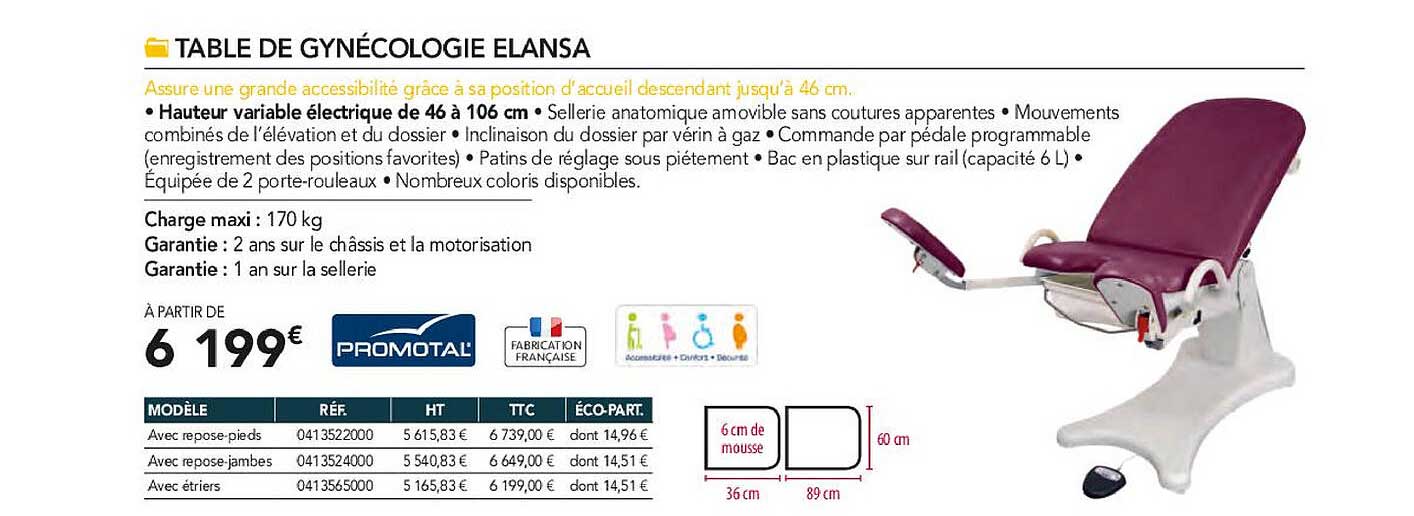 table de gynécologie elansa promotal