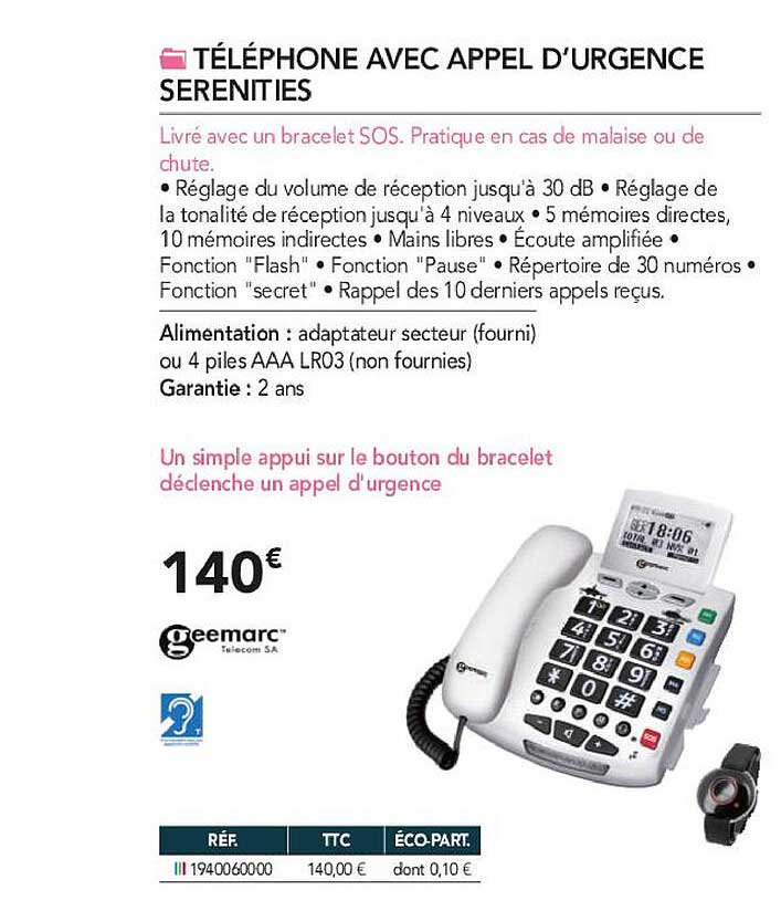 téléphone avec appel d'urgence serenities geemarc