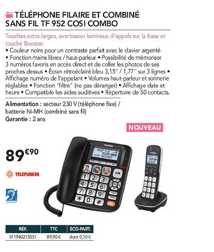 téléphone filaire et combiné sans fil tf 952 cosi combo telefunken