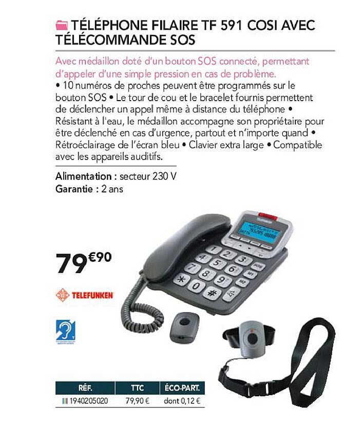 téléphone filaire tf 591 cosi avec télécommande sos telefunken
