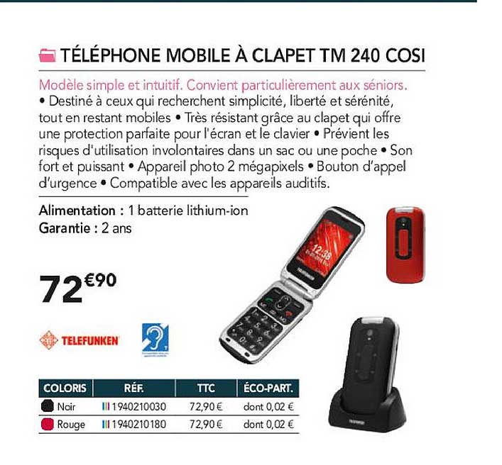 téléphone mobile à clapet tm 240 cosi telefunken