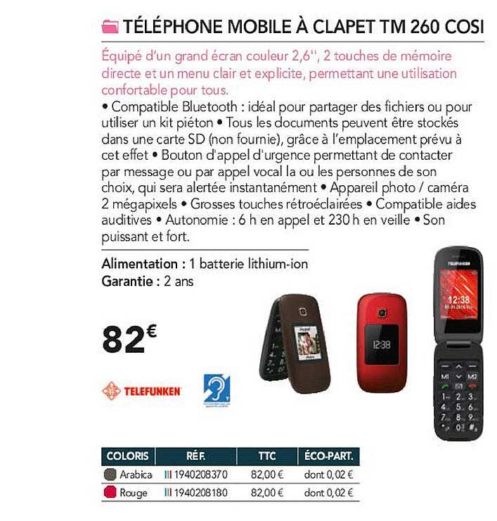 téléphone mobile à clapet tm 260 cosi telefunken
