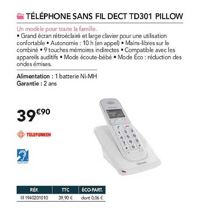 téléphone sans fil dect td301 pillow telefunken