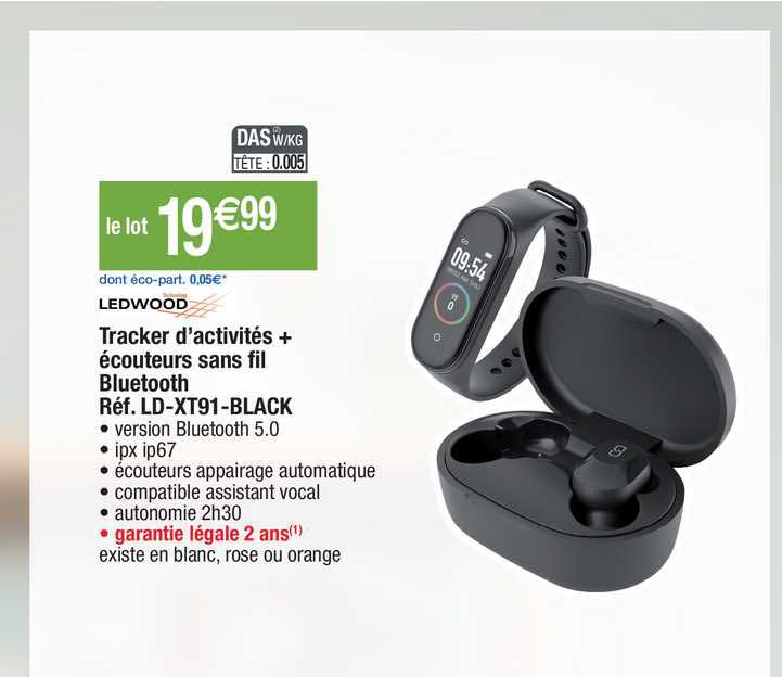 tracker d'activités + écouteurs sans fil bluetooth ledwood réf. ld-xt91-black