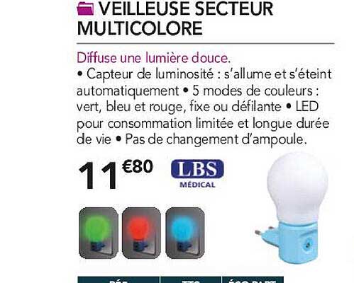 veilleuse secteur multicolore lbs medical