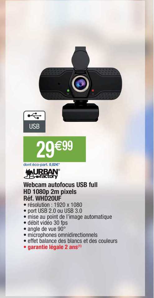 webcam autofocus usb full hd 1080p 2m pixels réf. whd2ouf urban factory