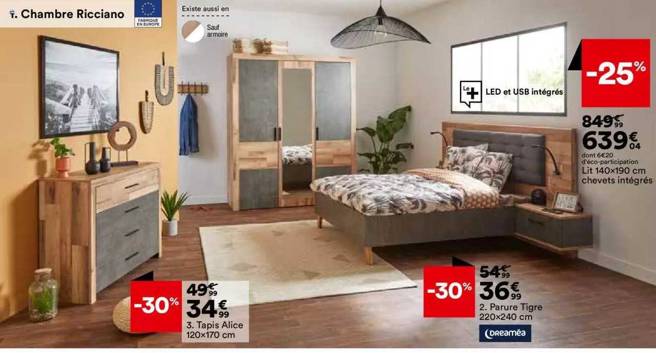 tapis alice 120 x 170 cm, parure tigre 220 x 240 cm dreaméa, lit 140 x 190 cm chevets intégrés