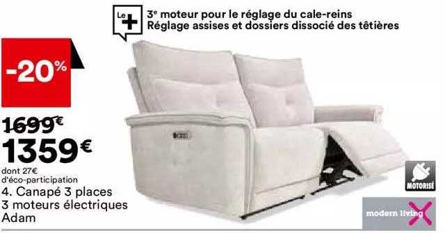 canapé 3 places 3 moteurs électriques adam modern living