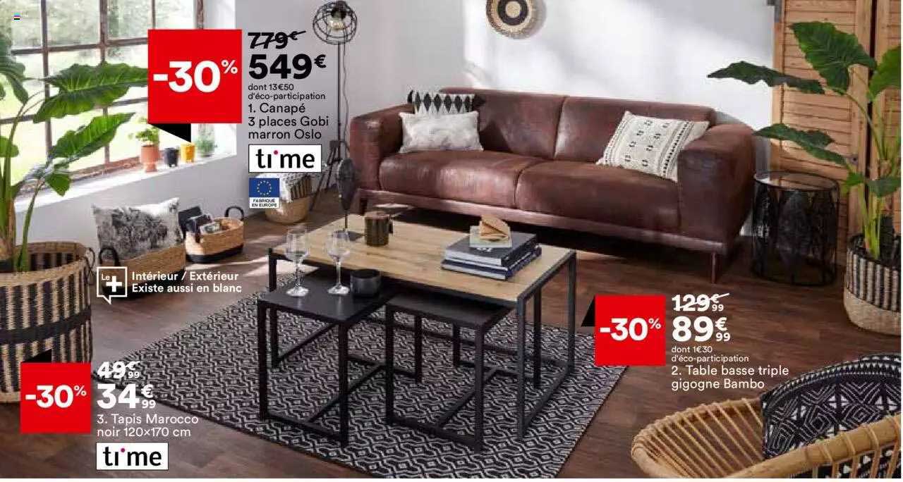 canapé 3 places gobi marron oslo ti'me, tapis marocco noir 120 x 170 cm ti'me, table basse triple gigogne bambo