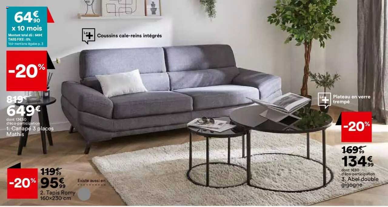 canapé 3 places mathis, tapis romy 160 x 230 cm, abel double gigogne