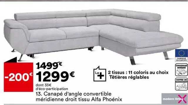 canapé d'angle convertible méridienne droit tissu alfa Phoenix modern living
