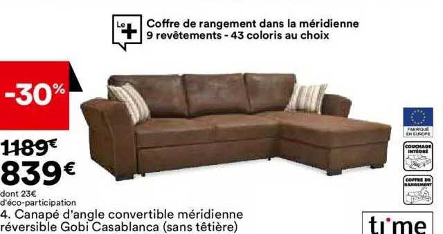 canapé d'angle convertible méridienne réversible gobi casablanca (sans têtière) ti'me