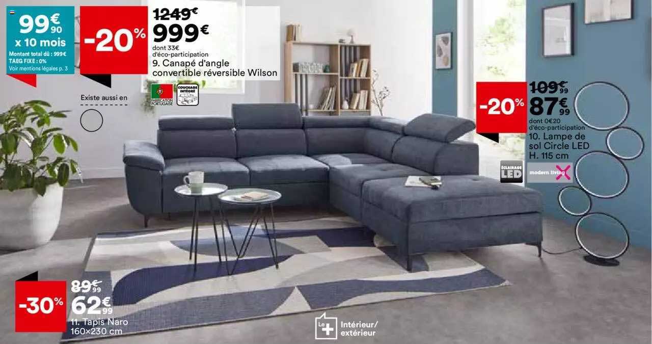 canapé d'angle convertible réversible wilson, tapis naro 160 x 230 cm, lampe de sol circle led h. 115 cm modern living