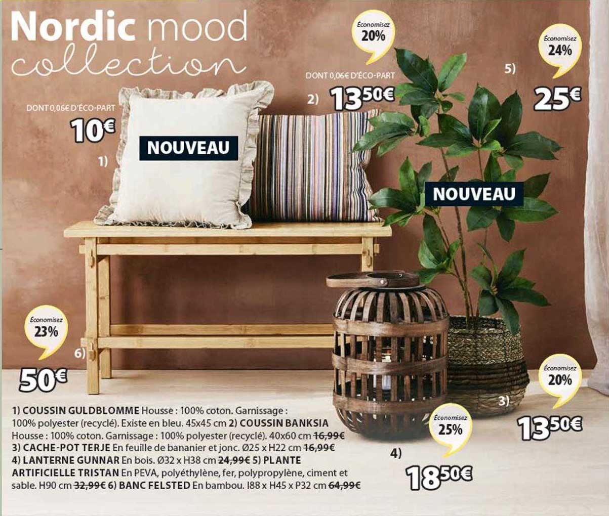 coussin guldblomme, coussin banksia, cache-pot terje, lanterne gunnar, plante artificielle tristan, banc felsted