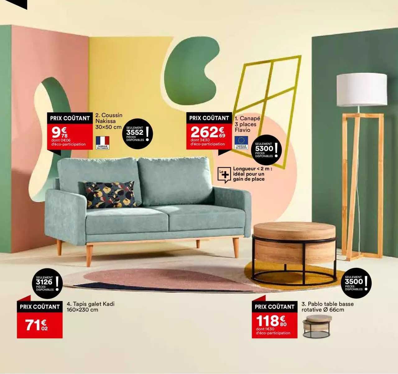 Coussin Nakissa 30 X 50 Cm, Tapis Galet Kadi 160 X 230 Cm, Pablo Table Basse Rotative ø 66 Cm, Canapé 3 Places Flavio