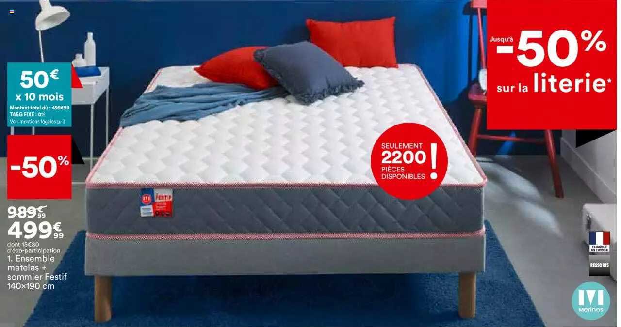 ensemble matelas + sommier festif 140 x 190 cm merinos