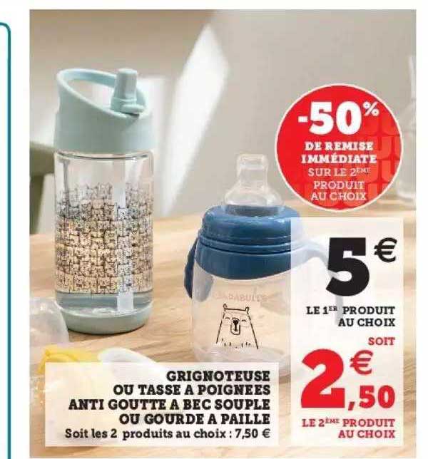 grignoteuse ou tasse à poignées anti goutte à bec souple ou gourde à paille