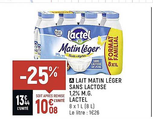 lait matin léger sans lactose 1,2% m.g. lactel