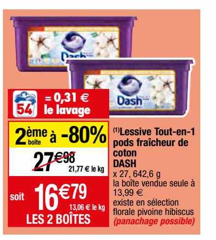 lessive tout-en-1 pods fraîcheur de coton dash