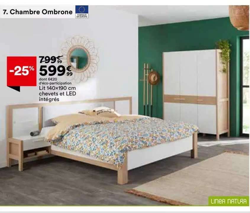lit 140 x 190 cm chevets et led intégrés linea natura