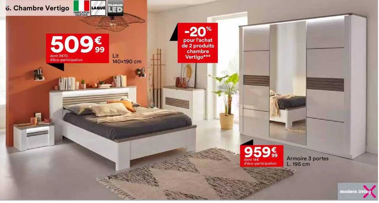 lit 140 x 190 cm modern living, armoire 3 portes l. 195 cm modern living