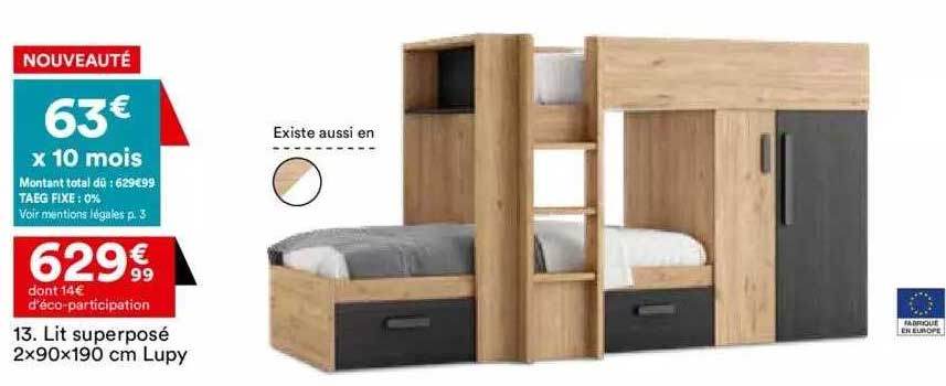 lit superposé 2 x 90 x 190 cm lupy
