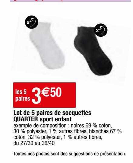 lot de 5 paires de socquettes quarter sport enfant