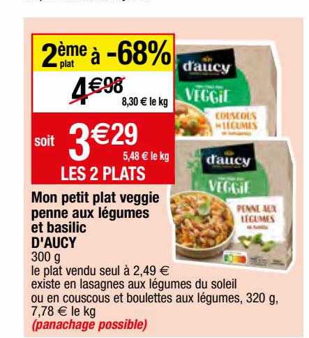 mon petit plat veggie penne aux légumes et basilic d'aucy