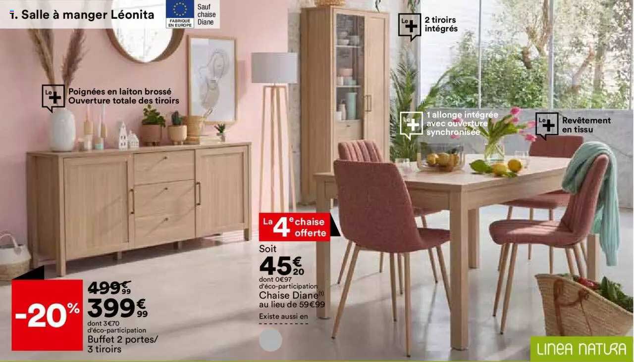 salle à manger léonita : buffet 2 portes 3 tiroirs, chaises diane