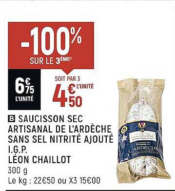 saucisson sec artisanal de l'ardèche sans sel nitrité ajouté i.g.p. léon chaillot