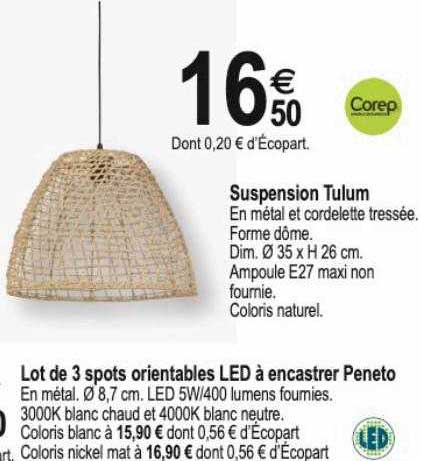 suspension tulum corep, lot de 3 spots orientables led à encastrer peneto corep