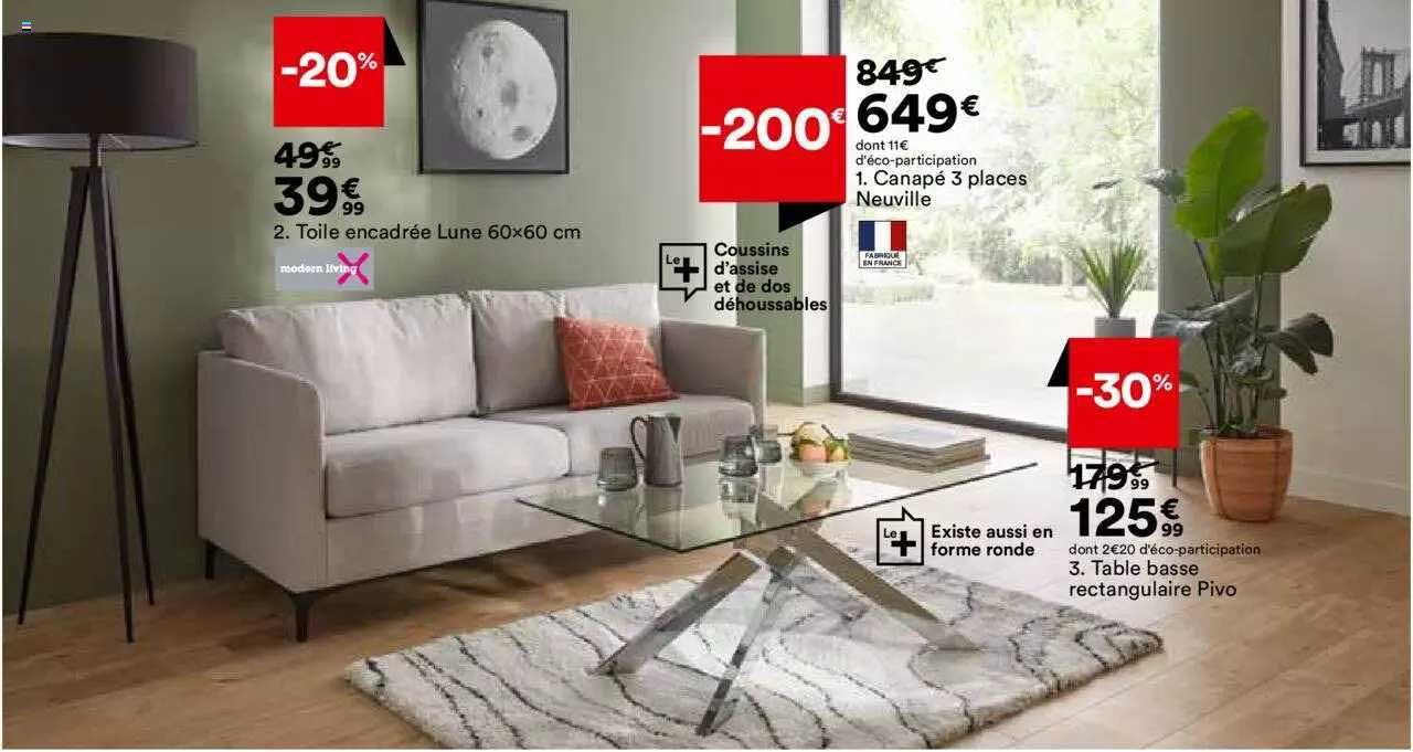 toile encadrée lune 60 x 60 cm modern living, canapé 3 places neuville, table basse rectangulaire pivo