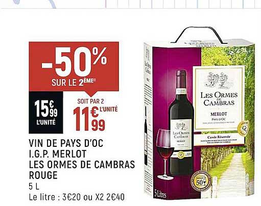 vin de pays d'oc i.g.p. merlot les ormes de cambras rouge