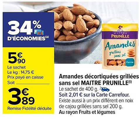 amandes décortiquées grillées sans sel maître prunille
