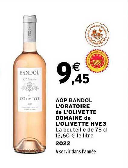 aop bandol l'oratoire de l'olivette domaine de l'olivette hve3 2022