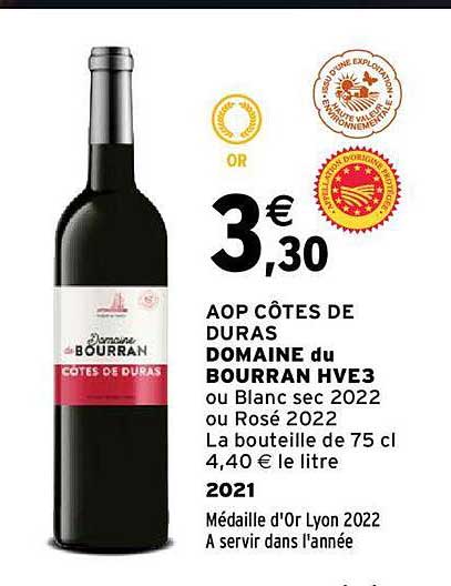 Aop Côtes De Duras Domaine Du Bourran Hve3 2021 Ou Blanc Sec 2022 Ou Rosé 2022